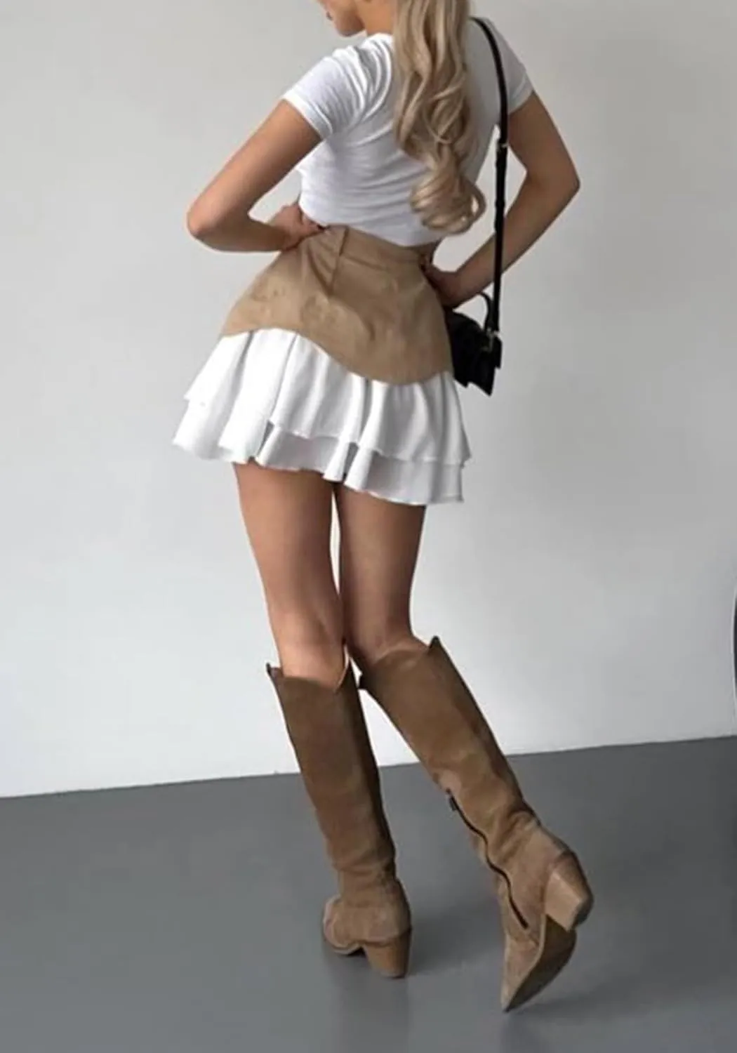 Unybwonn Pleated Denim Skirt Ruffle Flared Flowy Patchwork Jean Mini Skirt High Waist A-Line Y2k Short Skirt