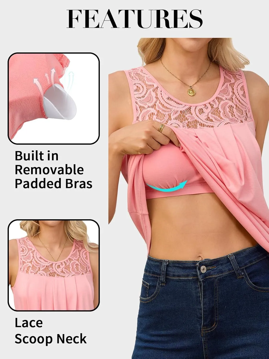 V FOR CITY Lace Tank Top with Built in Bra for Women Flowy Pleated Tunics Summer Scoop Neck Sleeveless Tops Curved Hem