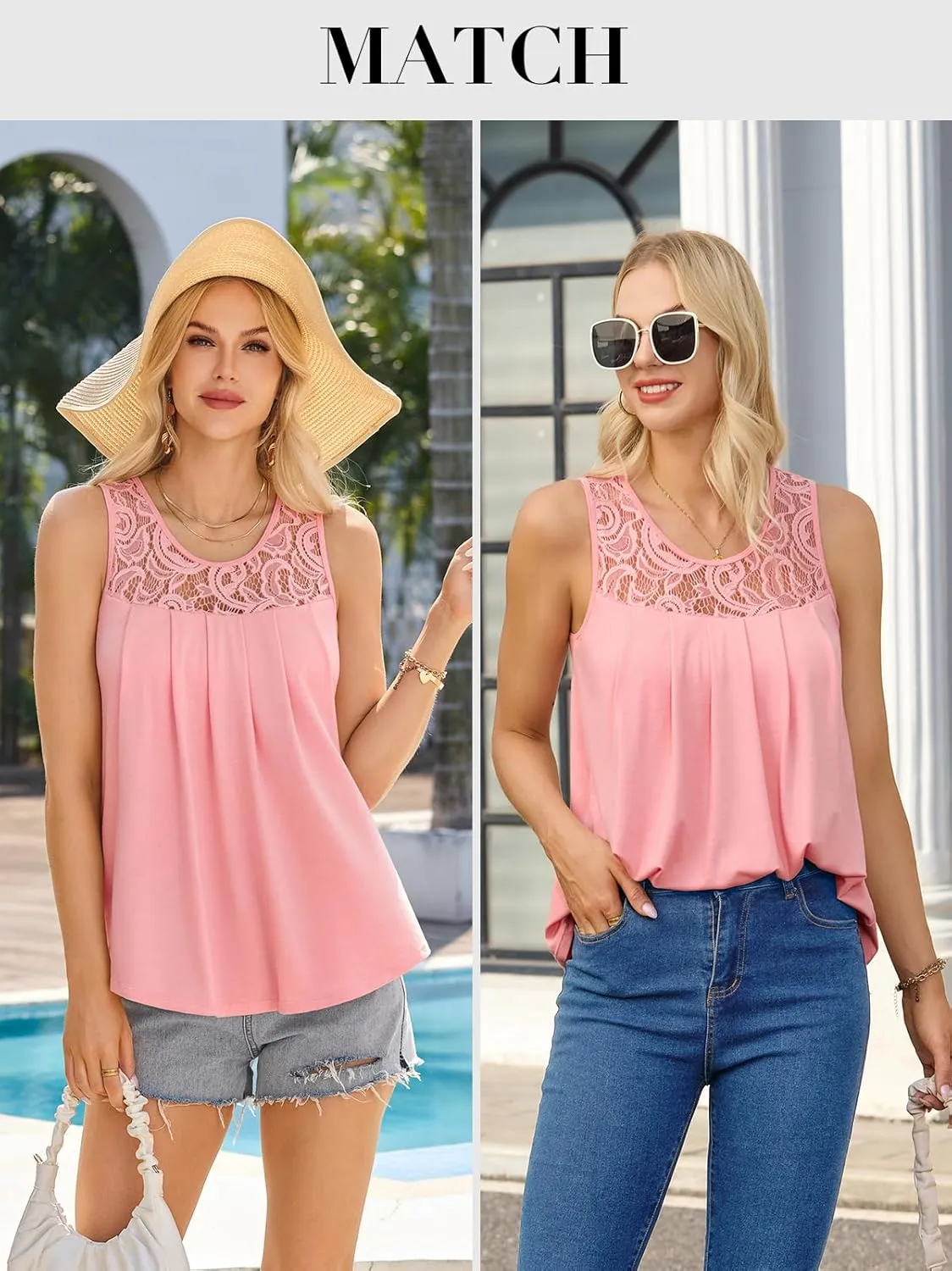 V FOR CITY Lace Tank Top with Built in Bra for Women Flowy Pleated Tunics Summer Scoop Neck Sleeveless Tops Curved Hem