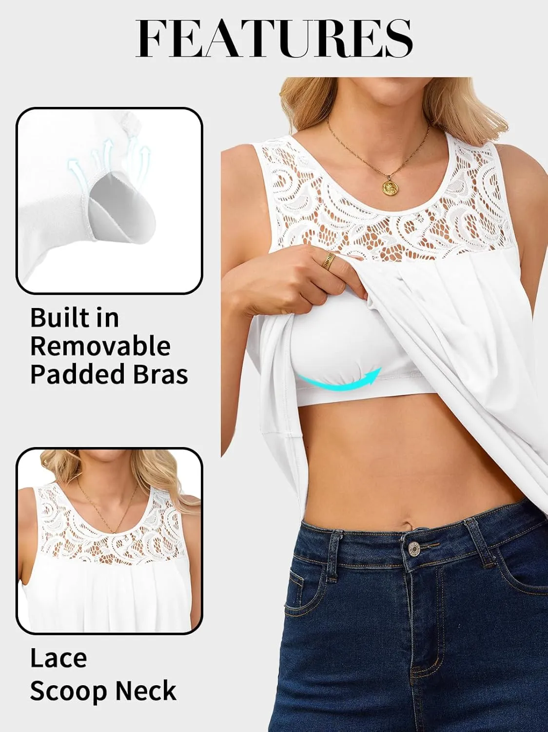 V FOR CITY Lace Tank Top with Built in Bra for Women Flowy Pleated Tunics Summer Scoop Neck Sleeveless Tops Curved Hem