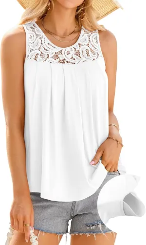 V FOR CITY Lace Tank Top with Built in Bra for Women Flowy Pleated Tunics Summer Scoop Neck Sleeveless Tops Curved Hem