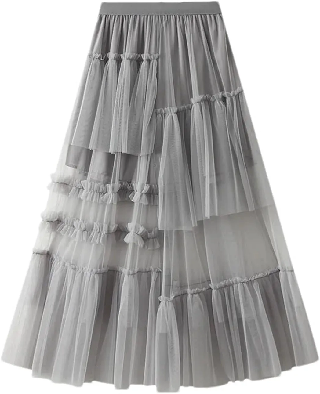 Vintage Women's Tulle Midi Skirt Casual Elastic High Waist Layered Pleate Mesh A-Line Skirts