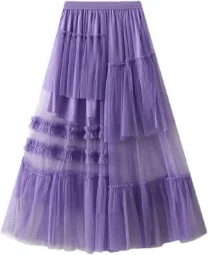 Vintage Women's Tulle Midi Skirt Casual Elastic High Waist Layered Pleate Mesh A-Line Skirts