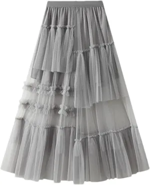 Vintage Women's Tulle Midi Skirt Casual Elastic High Waist Layered Pleate Mesh A-Line Skirts