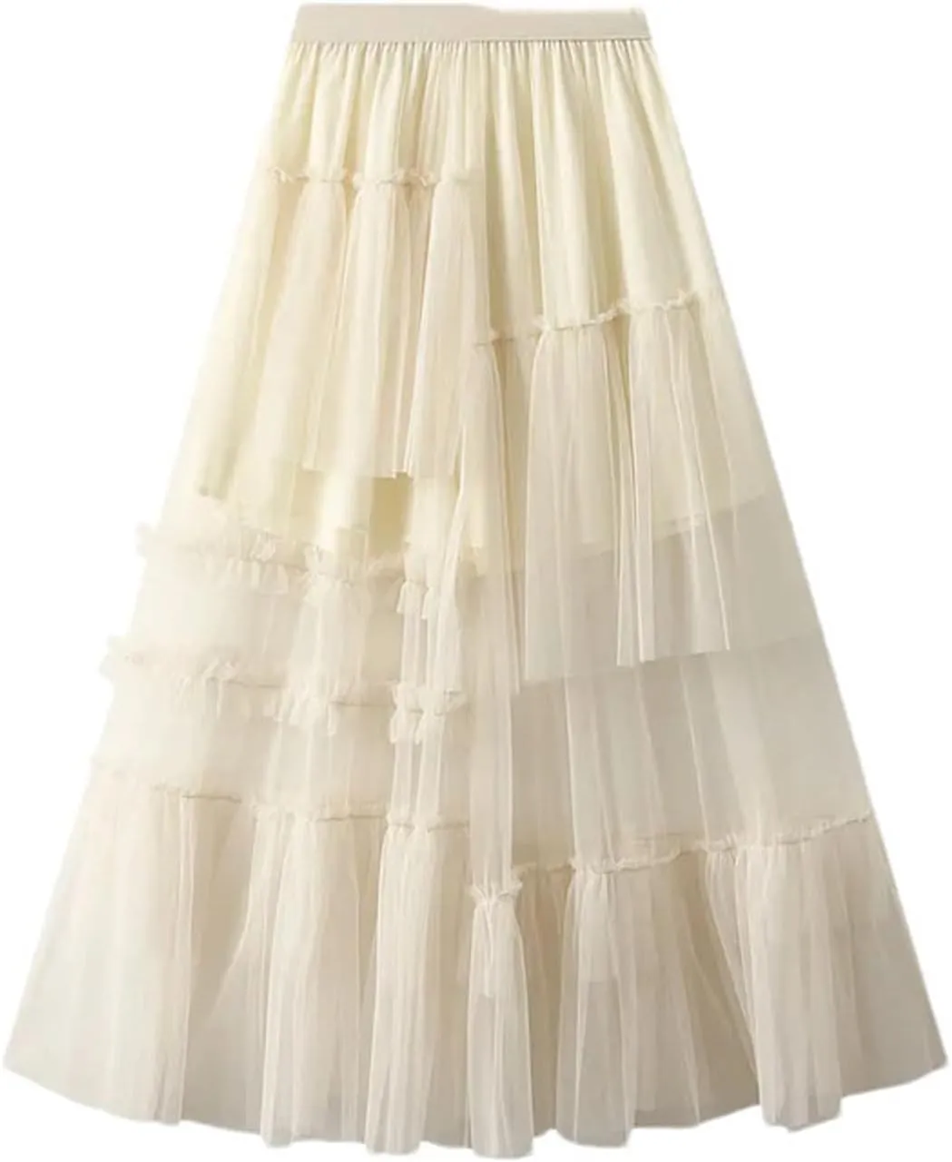 Vintage Women's Tulle Midi Skirt Casual Elastic High Waist Layered Pleate Mesh A-Line Skirts