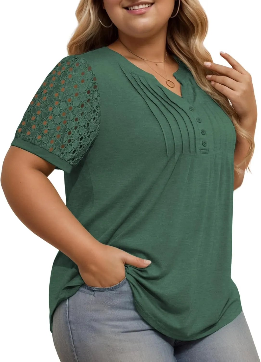 VISLILY Plus-Size-Womens-Summer-Tops Cute Henley V Neck T Shirts Dressy Lace Short Sleeve Blouse Trendy Casual Pleated Tunics