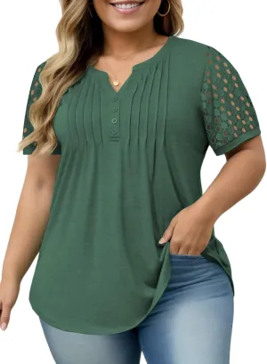 VISLILY Plus-Size-Womens-Summer-Tops Cute Henley V Neck T Shirts Dressy Lace Short Sleeve Blouse Trendy Casual Pleated Tunics
