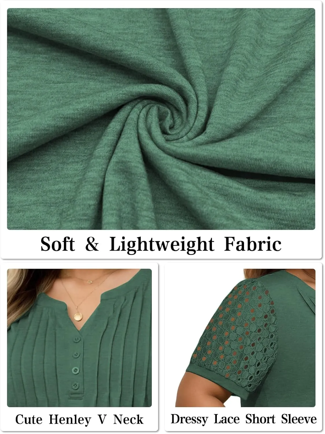 VISLILY Plus-Size-Womens-Summer-Tops Cute Henley V Neck T Shirts Dressy Lace Short Sleeve Blouse Trendy Casual Pleated Tunics