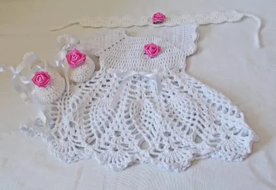 White Baby Dress Crochet Set Shoes Dress Headband (0-3 months)
