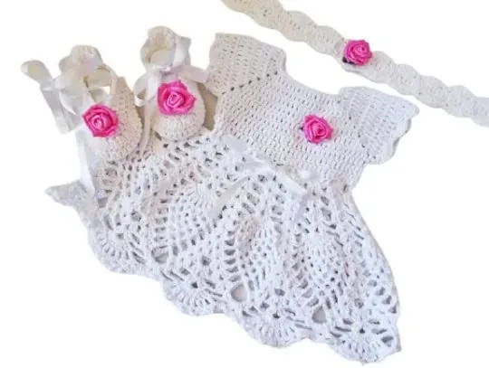 White Baby Dress Crochet Set Shoes Dress Headband (0-3 months)