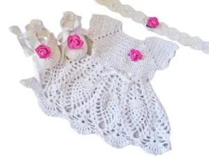 White Baby Dress Crochet Set Shoes Dress Headband (0-3 months)