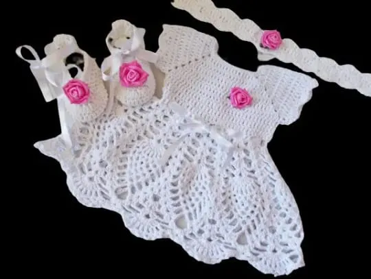 White Baby Dress Crochet Set Shoes Dress Headband (0-3 months)