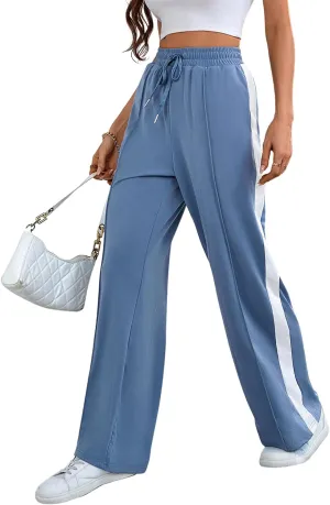 Wide Leg Sweatpants Women High Waisted Baggy Sweat Pants Active Striped Track Pants with Pockets