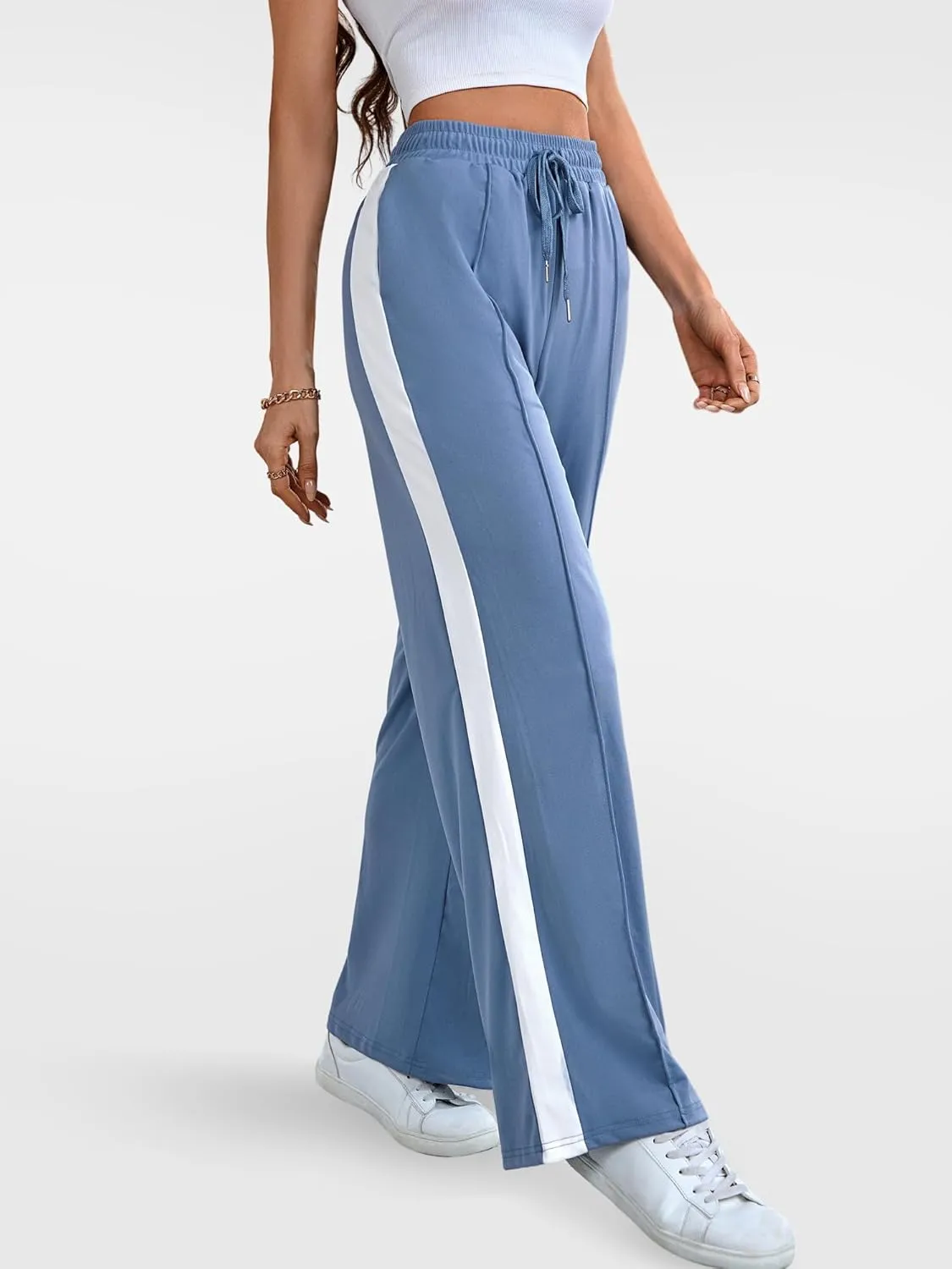 Wide Leg Sweatpants Women High Waisted Baggy Sweat Pants Active Striped Track Pants with Pockets