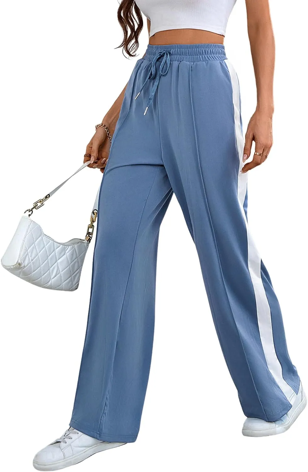 Wide Leg Sweatpants Women High Waisted Baggy Sweat Pants Active Striped Track Pants with Pockets