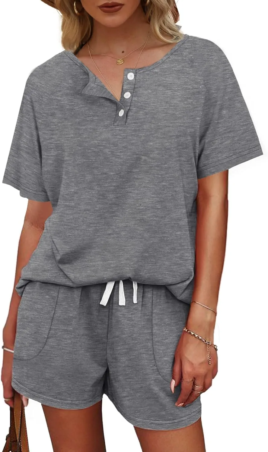 WIHOLL Two Piece Outfits for Women Lounge Sets Button Down Top and Shorts Set Sweatsuits with Pockets