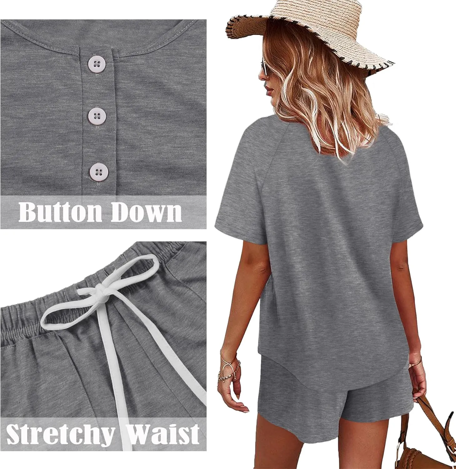 WIHOLL Two Piece Outfits for Women Lounge Sets Button Down Top and Shorts Set Sweatsuits with Pockets