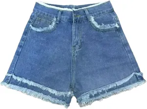 Women Denim Shorts Embroidery High Waisted Wide Leg A-Line Pants