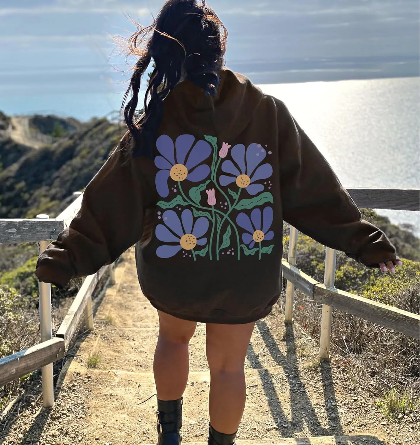 Women Floral Print Preppy Hoodies Y2k Long Sleeve Oversized Sweatshirt Aesthetic Flower Graphic Hooded Pullover Top