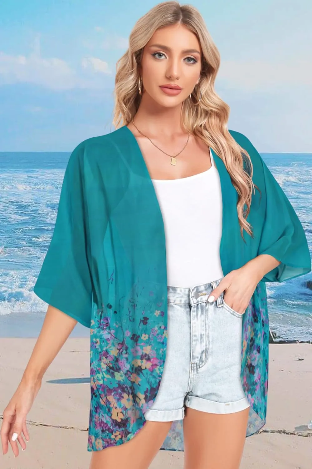 Women Kimono Cardigans Casual Summer Tops Cover up Open Front Floral Print Resort Wear
