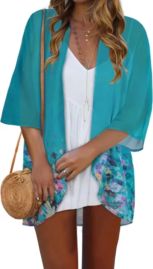 Women Kimono Cardigans Casual Summer Tops Cover up Open Front Floral Print Resort Wear