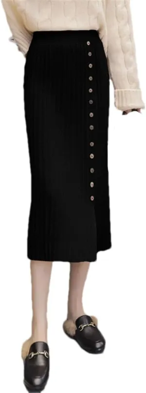 Women Knitted Midi Skirt Vintage Stretch Waist Split Single Button Up Pleated Bodycon Skirts