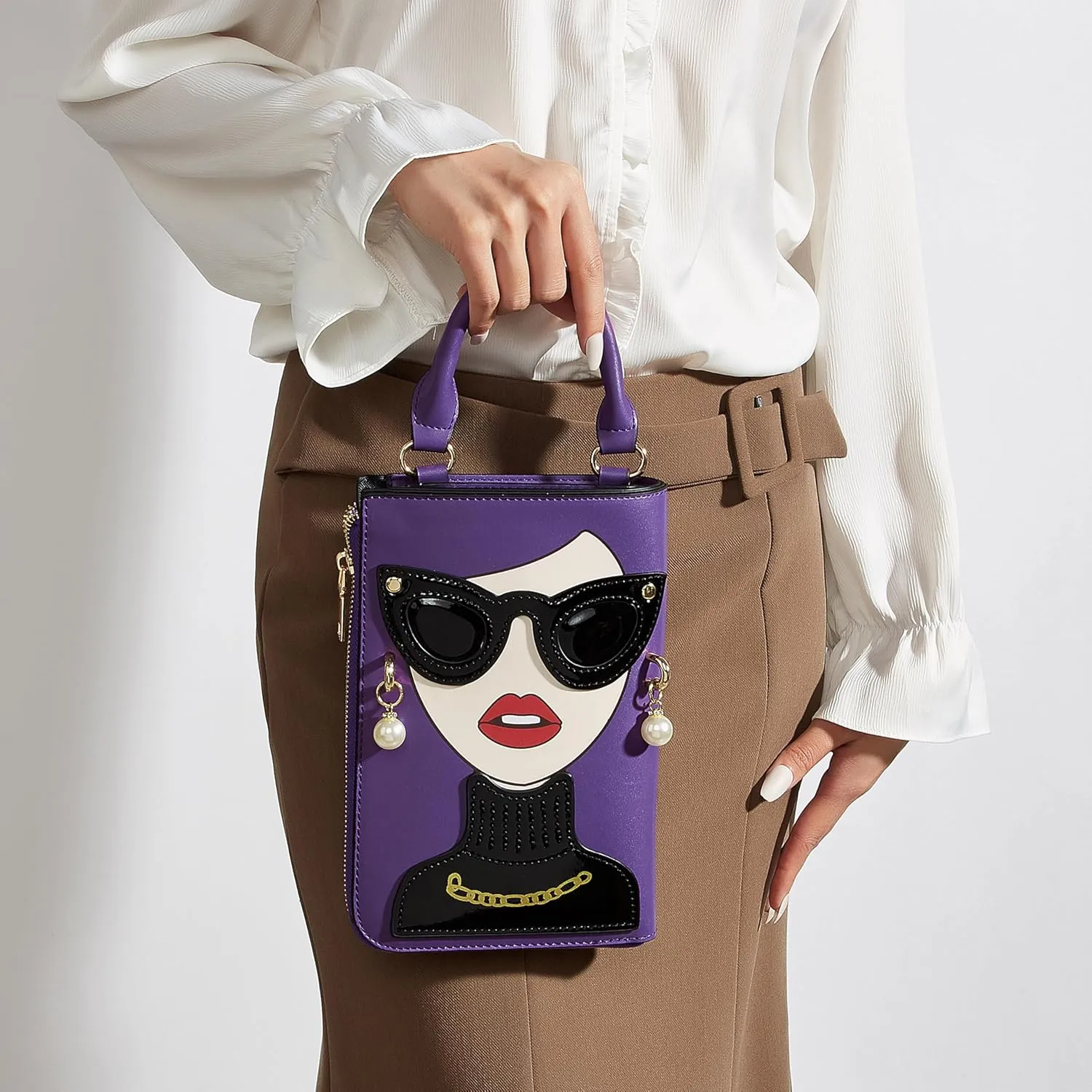 Women Novelty Lady Face Shoulder Bags Funky PU Leather Top Handle Satchel Handbags Clutch Purse for Women