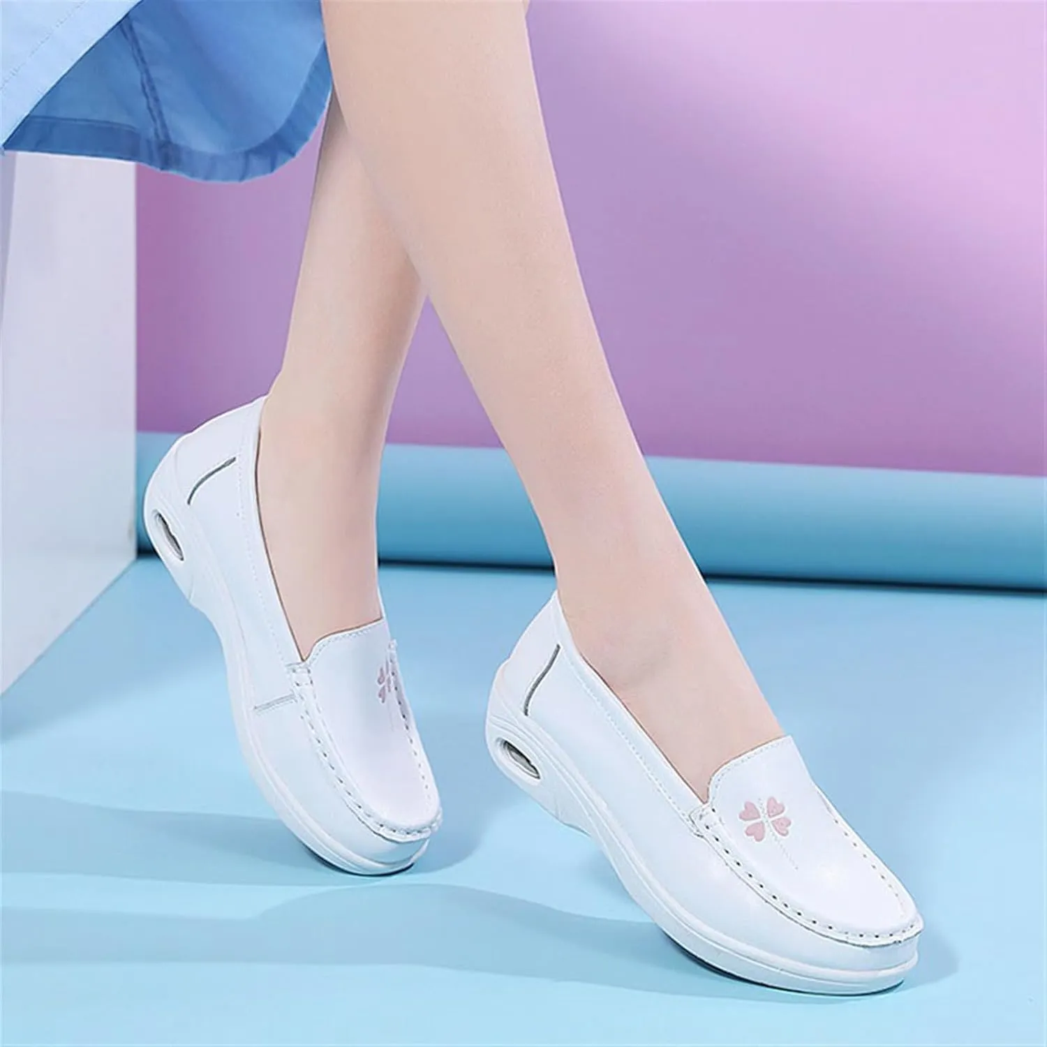 Women Orthopedic Walking Shoes, Womens White Air Cushion Slip-On Leather Breathable Nurse Shoes, Buffer Wipeable Nonslip Hospital Flat Shoes, Ideal for Nurse Healthcare Crews