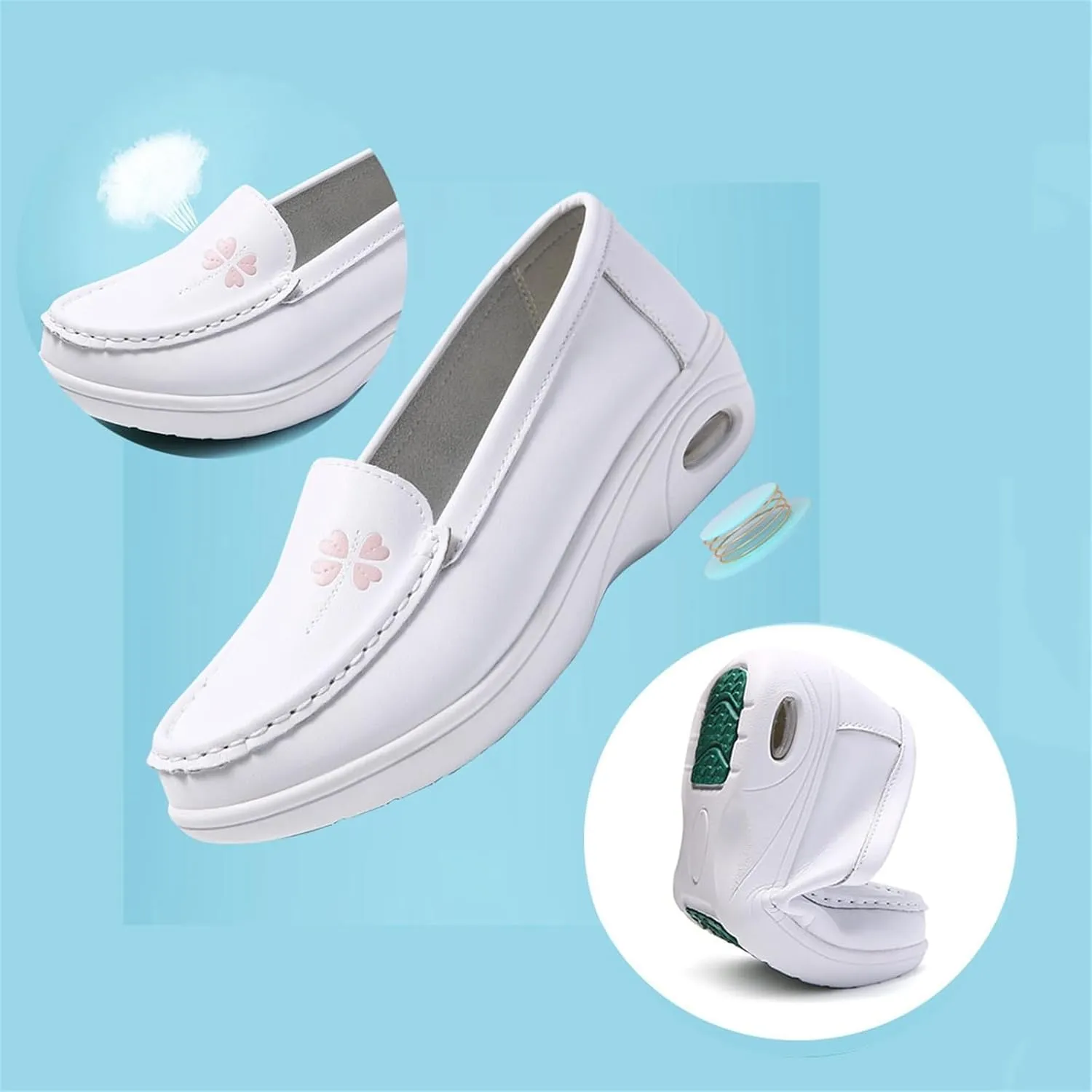 Women Orthopedic Walking Shoes, Womens White Air Cushion Slip-On Leather Breathable Nurse Shoes, Buffer Wipeable Nonslip Hospital Flat Shoes, Ideal for Nurse Healthcare Crews