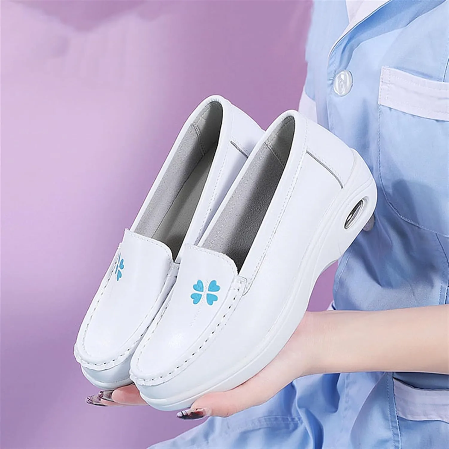 Women Orthopedic Walking Shoes, Womens White Air Cushion Slip-On Leather Breathable Nurse Shoes, Buffer Wipeable Nonslip Hospital Flat Shoes, Ideal for Nurse Healthcare Crews