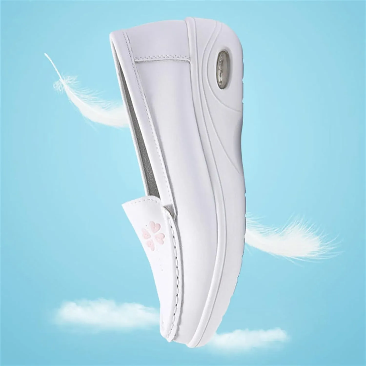 Women Orthopedic Walking Shoes, Womens White Air Cushion Slip-On Leather Breathable Nurse Shoes, Buffer Wipeable Nonslip Hospital Flat Shoes, Ideal for Nurse Healthcare Crews