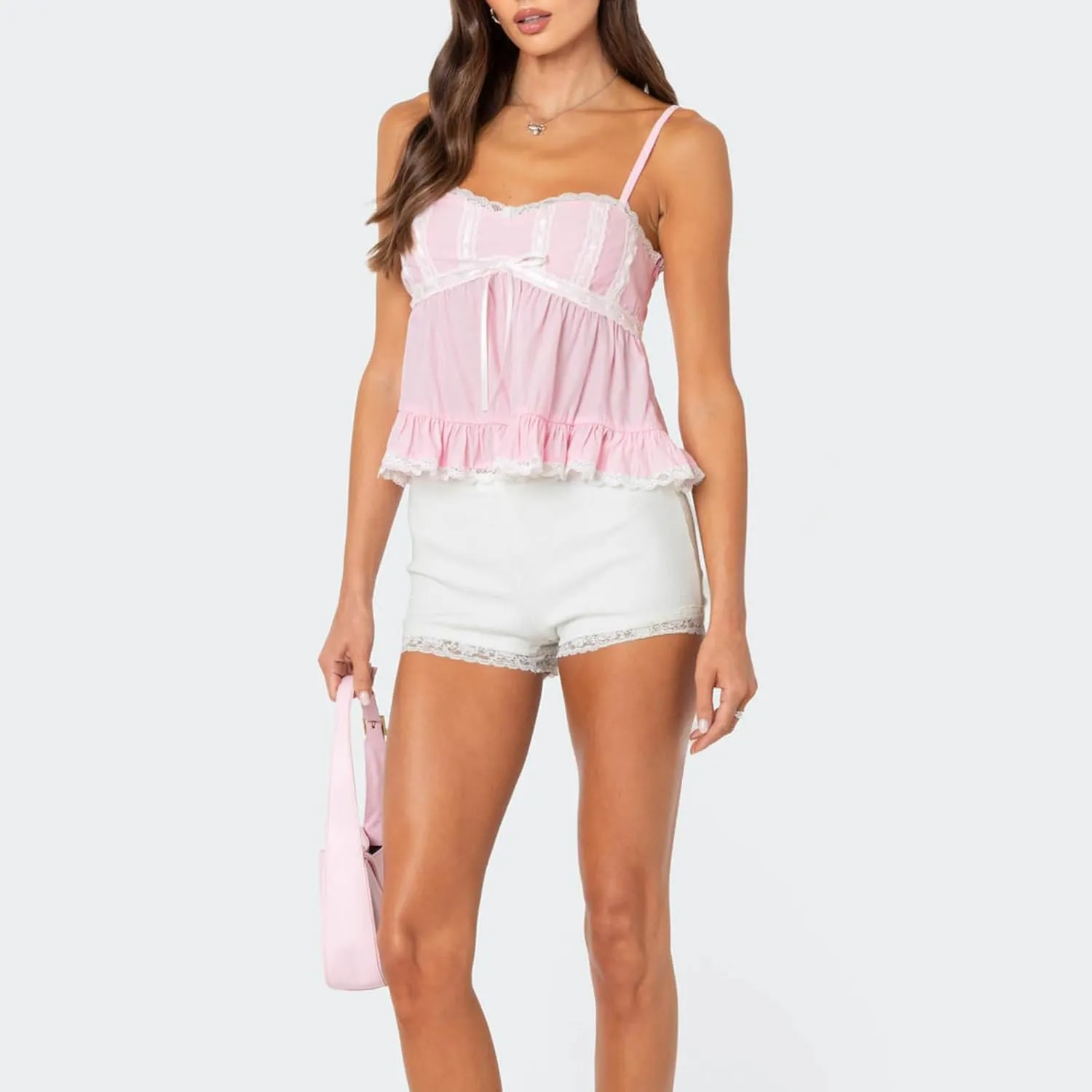 Women Y2k Lace Trim Spaghetti Strap Camisole Sleeveless V Neck Slim Fit Tie Front Backless Going Out Cami Tops