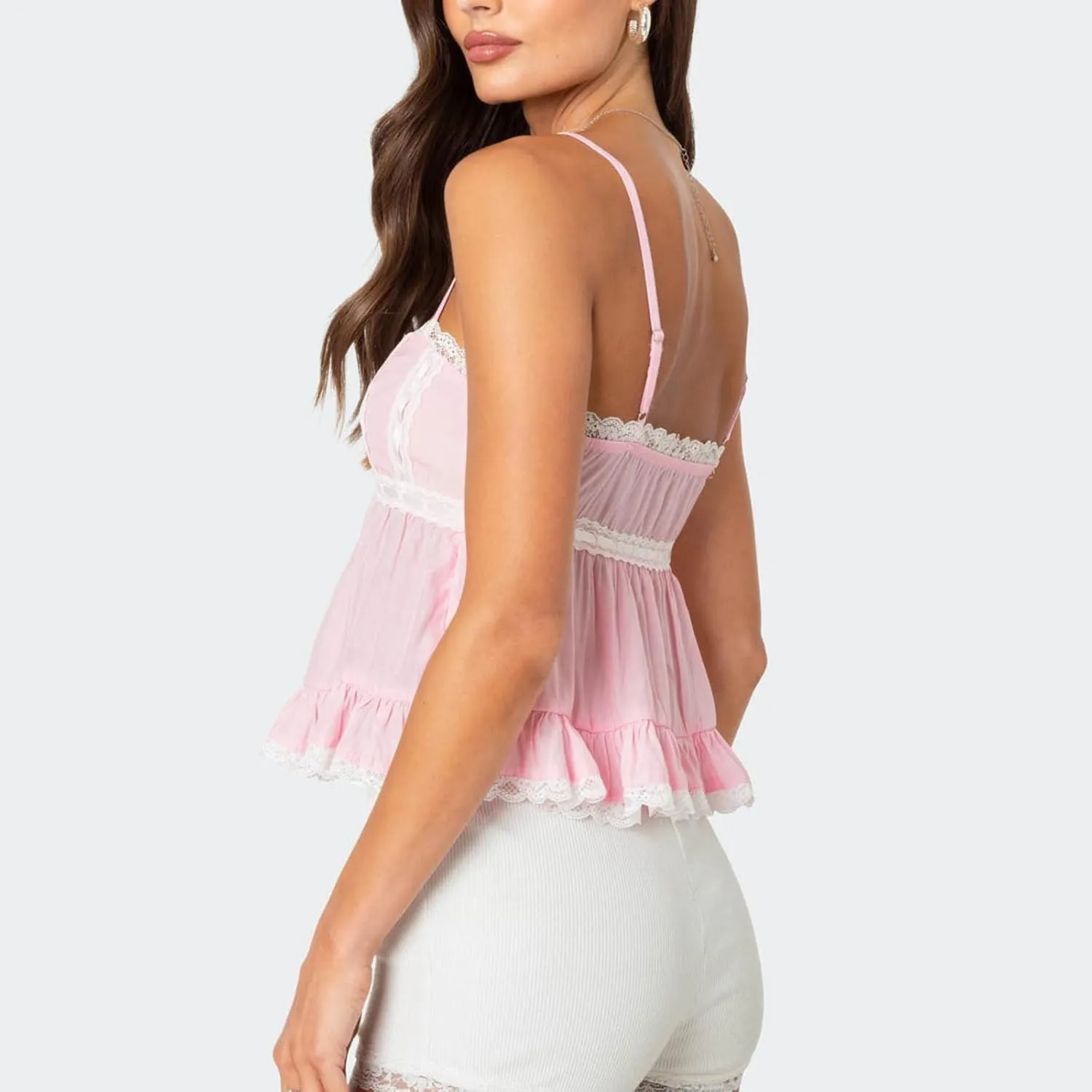 Women Y2k Lace Trim Spaghetti Strap Camisole Sleeveless V Neck Slim Fit Tie Front Backless Going Out Cami Tops
