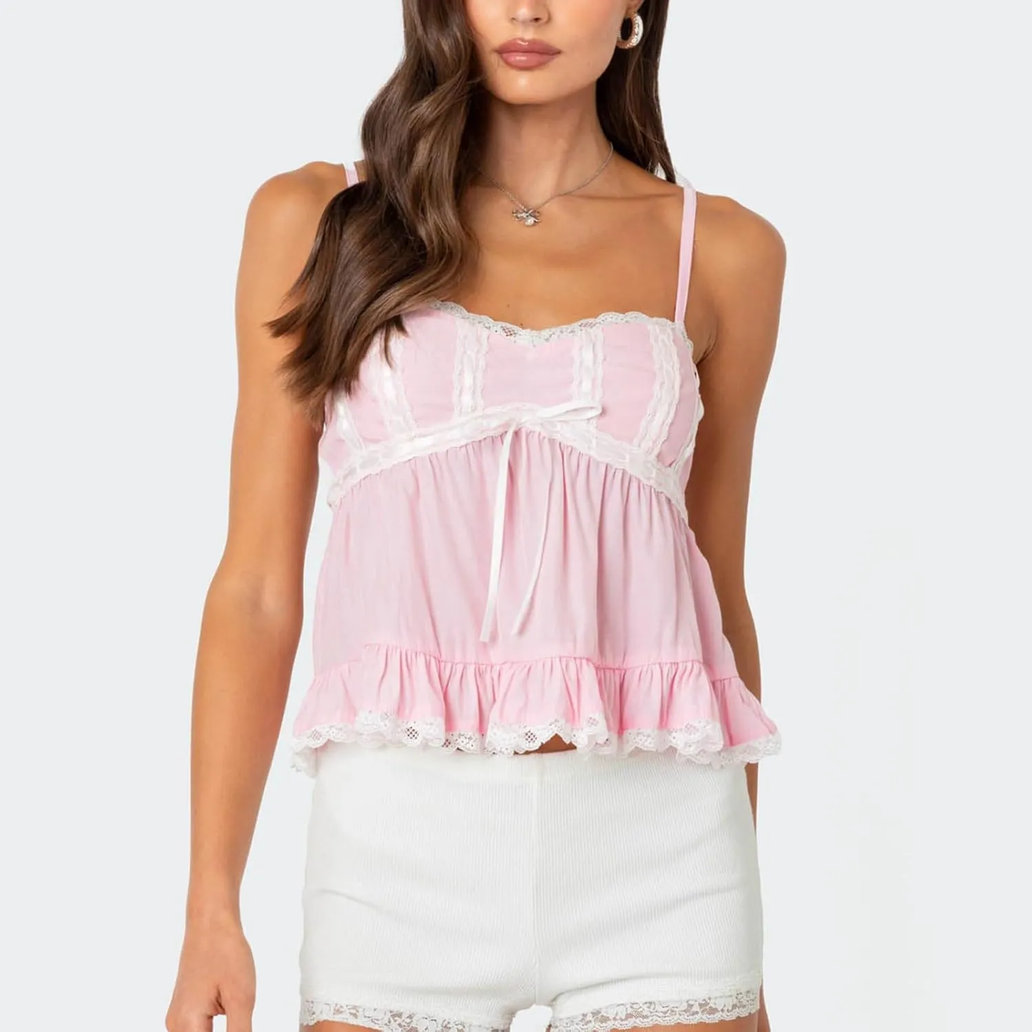 Women Y2k Lace Trim Spaghetti Strap Camisole Sleeveless V Neck Slim Fit Tie Front Backless Going Out Cami Tops