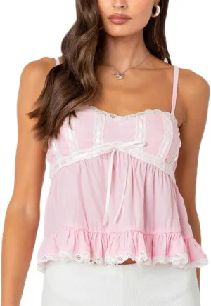 Women Y2k Lace Trim Spaghetti Strap Camisole Sleeveless V Neck Slim Fit Tie Front Backless Going Out Cami Tops