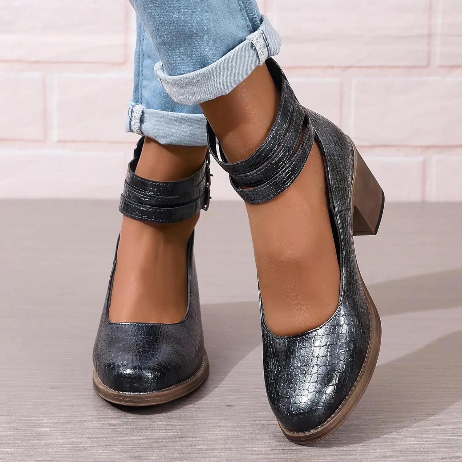 Womens Ankle Strap Chunky Heel Booties Ankle Strap Goth Buckle Back Zipper Pumps Dress Sandals Closed Toe Mary Janes Pumps