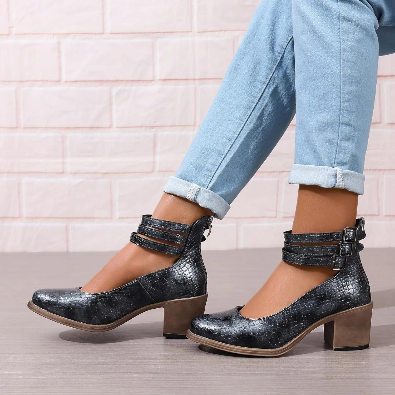 Womens Ankle Strap Chunky Heel Booties Ankle Strap Goth Buckle Back Zipper Pumps Dress Sandals Closed Toe Mary Janes Pumps