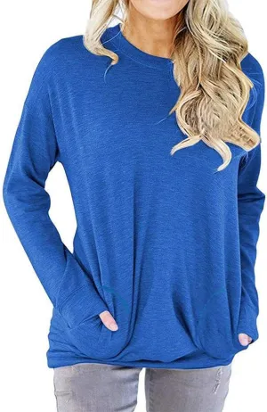 Womens Crewneck Long Sleeve Sweatshirts Casual Pullover Tops Loose Shirt with Pockets