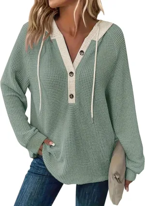 Womens Fall Fashion 2025 Oversized Waffle Knit Hoodies Casual Drawstring Hooded Sweatshirt Button V Neck Sweater