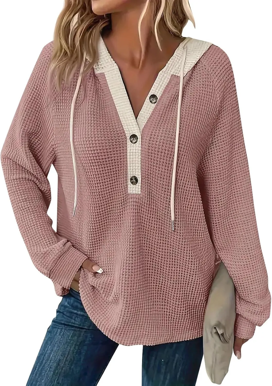 Womens Fall Fashion 2025 Oversized Waffle Knit Hoodies Casual Drawstring Hooded Sweatshirt Button V Neck Sweater