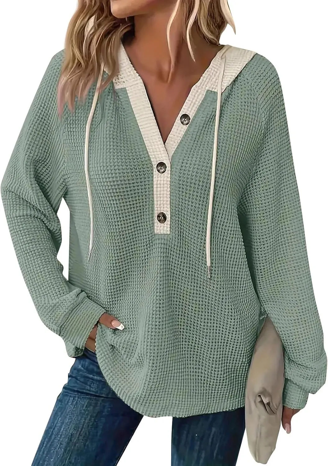 Womens Fall Fashion 2025 Oversized Waffle Knit Hoodies Casual Drawstring Hooded Sweatshirt Button V Neck Sweater
