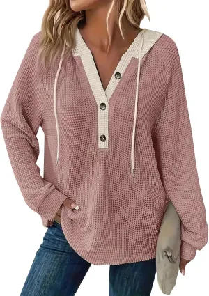 Womens Fall Fashion 2025 Oversized Waffle Knit Hoodies Casual Drawstring Hooded Sweatshirt Button V Neck Sweater