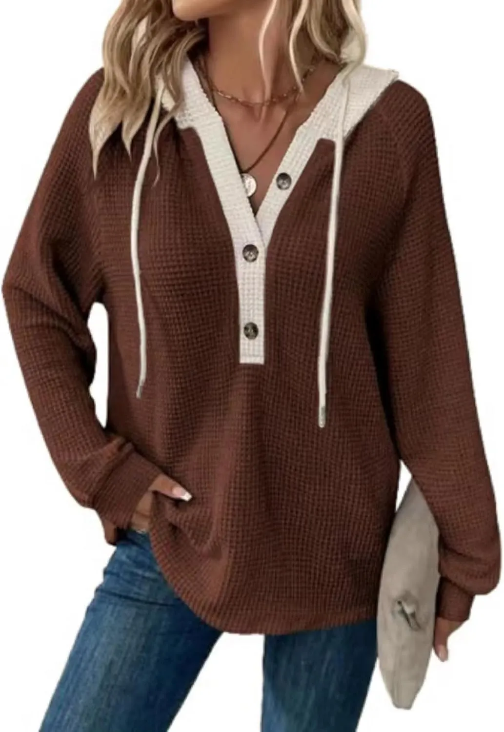 Womens Fall Fashion 2025 Oversized Waffle Knit Hoodies Casual Drawstring Hooded Sweatshirt Button V Neck Sweater