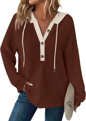 Womens Fall Fashion 2025 Oversized Waffle Knit Hoodies Casual Drawstring Hooded Sweatshirt Button V Neck Sweater