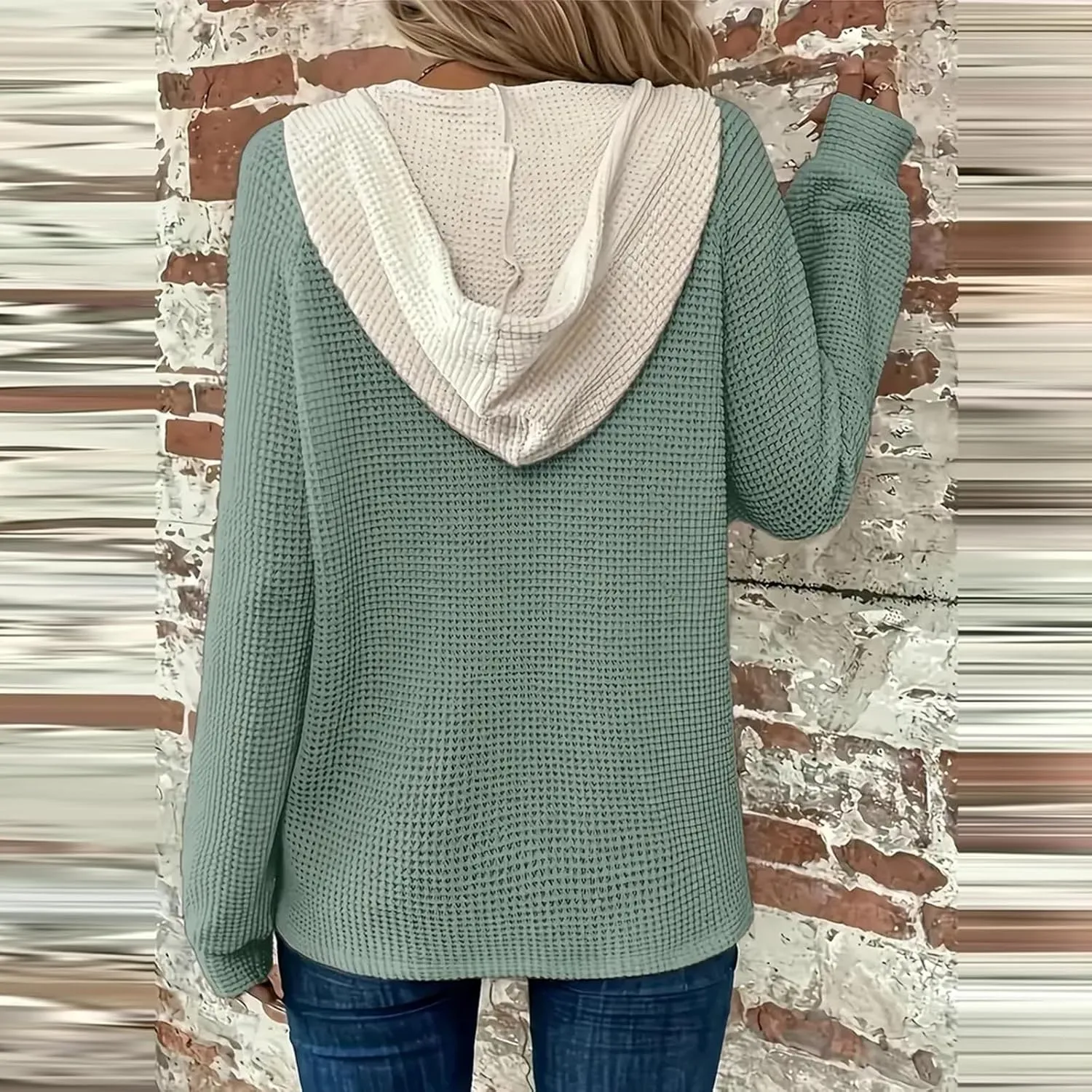 Womens Fall Fashion 2025 Oversized Waffle Knit Hoodies Casual Drawstring Hooded Sweatshirt Button V Neck Sweater