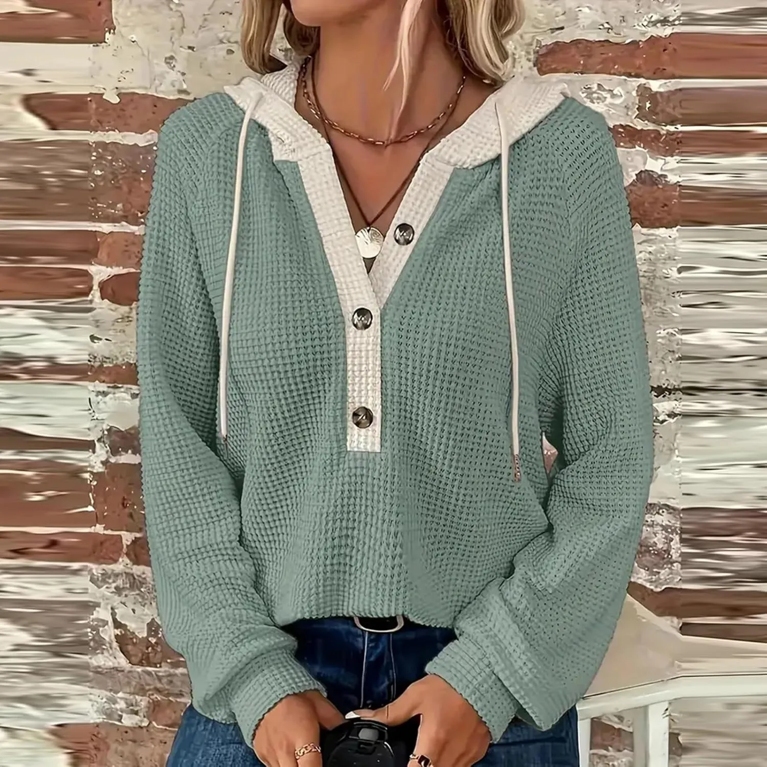 Womens Fall Fashion 2025 Oversized Waffle Knit Hoodies Casual Drawstring Hooded Sweatshirt Button V Neck Sweater
