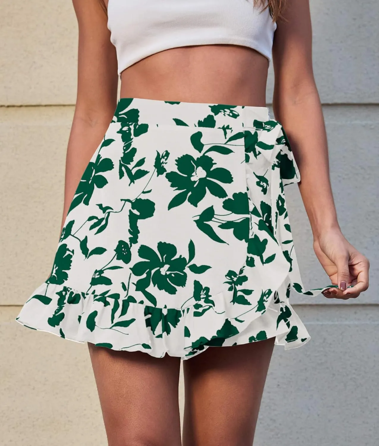 Women's Floral Ruffle Hem Wrap Shorts Casual Summer Elastic Waist Tie Front Zip Up Skirts Skorts 2025