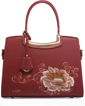Women's Flower Embroidery Handbag Purse PU Leather Large Shoulder Bag Elegant Tote Satchel Chic Top Handle Crossbodybag96OWOISS