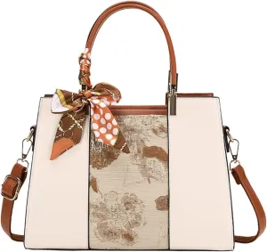 Women's Flower Embroidery Top Handle Crossbody PU Leather Elegant Shoulder Bag Work Satchel Stitching Handbag Pursebag104OWOISS