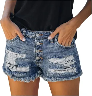 Womens High Waist Distressed Cut Off Ripped Jeans Denim Shorts Stretch Summer Casual Mid Rise Raw Hem Hot Jean Shorts